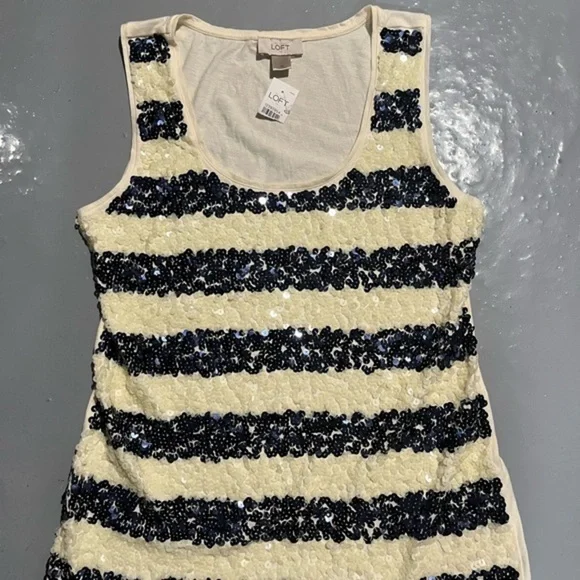 LOFT Navy and White Sequin Tank Top - Picture 1 of 6